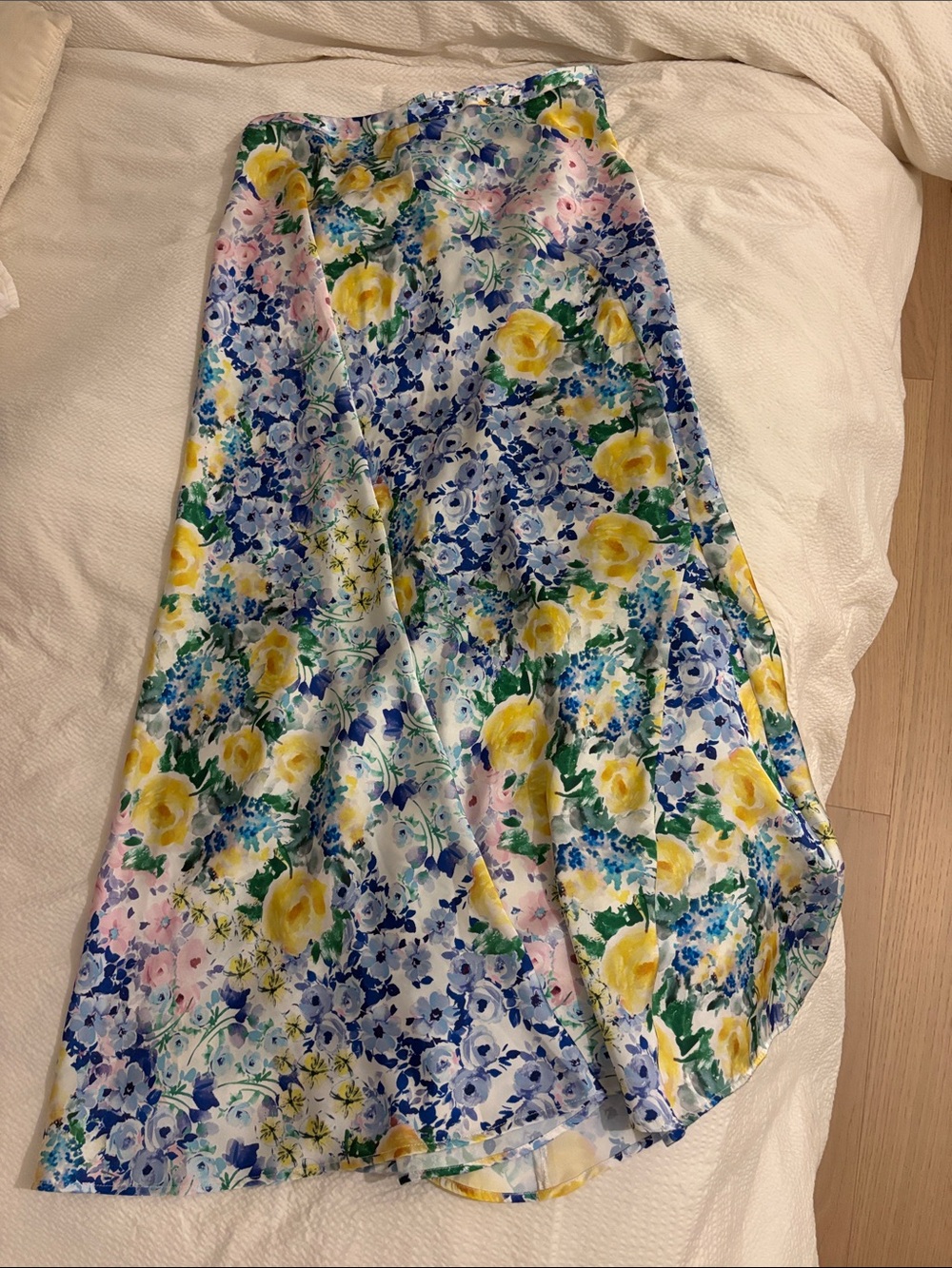 Zara Floral Satin A-Line Skirt - Yellow & Blue Floral